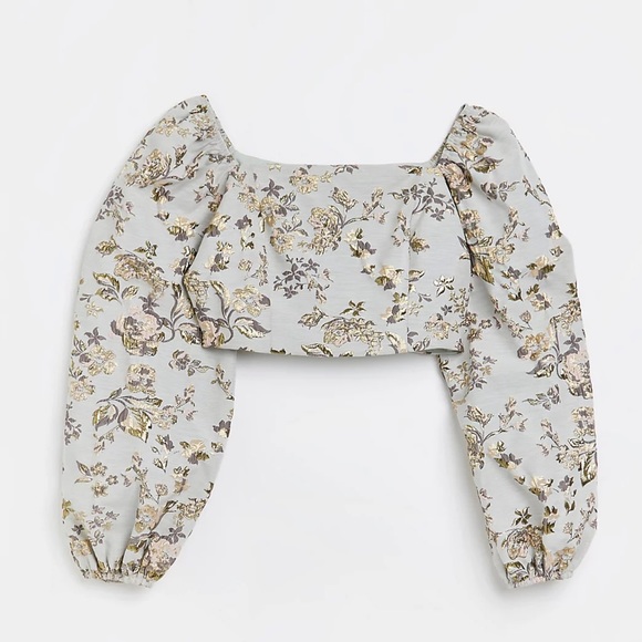 NWT River Island Grey Embroidered Puff Sleeve Top sz US 12 - Picture 1 of 5